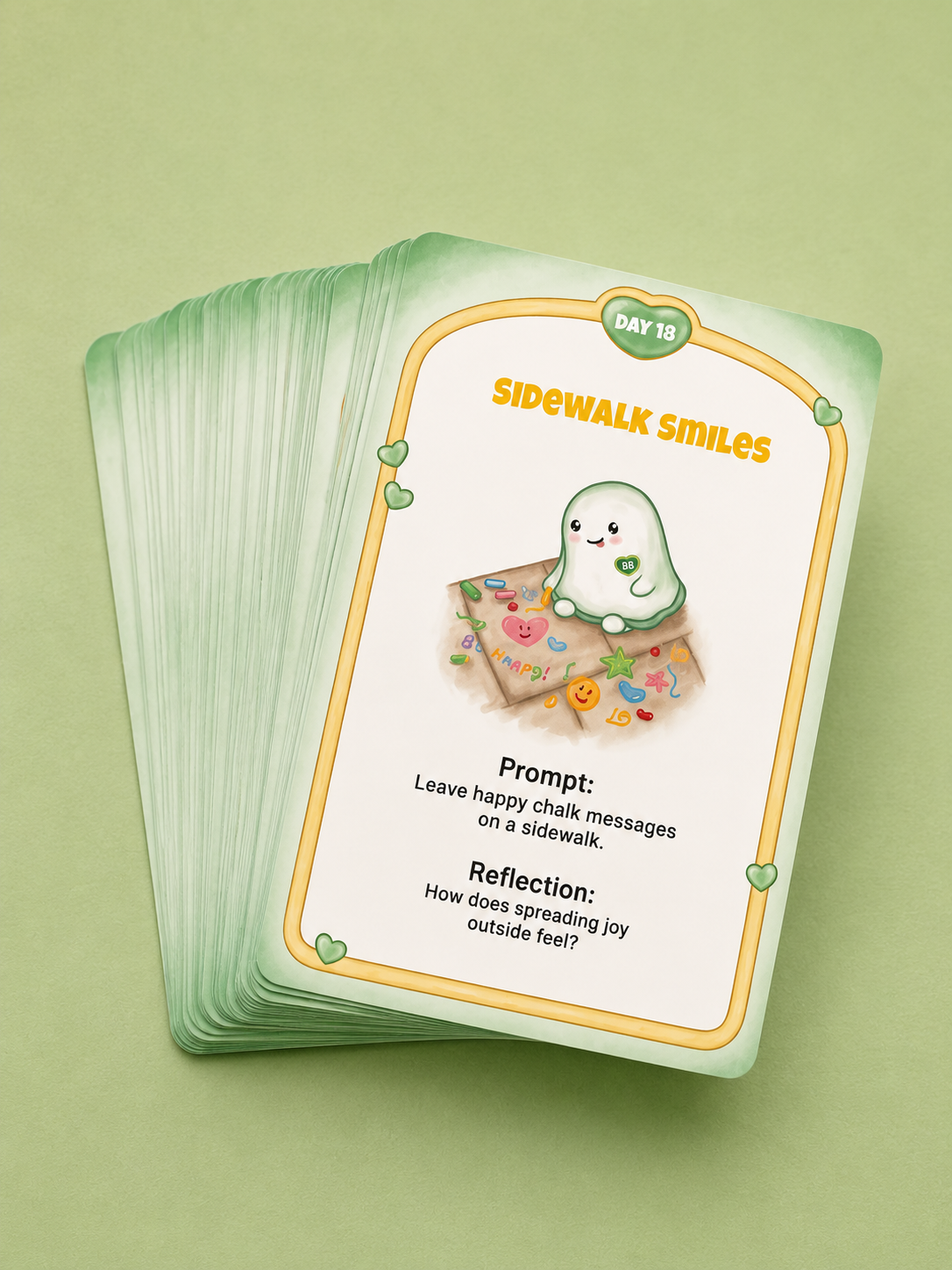 A fanned deck of small illustrated cards on a soft light green background. The top card reads "Sidewalk Smiles" and shows a cute ghost-like character with a smiley face above a chalkboard drawing, with prompt and reflection text below.