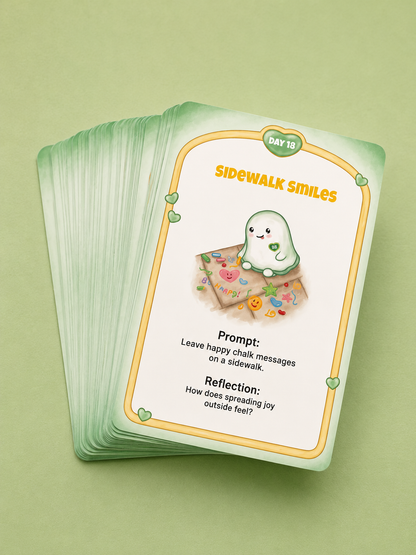 A fanned deck of small illustrated cards on a soft light green background. The top card reads "Sidewalk Smiles" and shows a cute ghost-like character with a smiley face above a chalkboard drawing, with prompt and reflection text below.