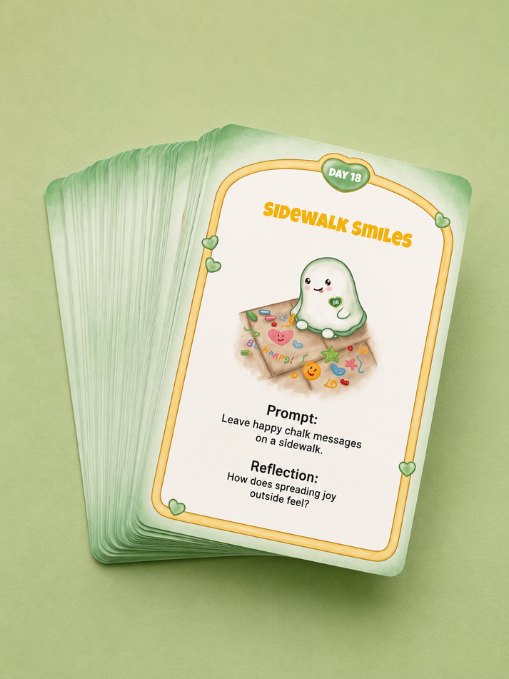 A fanned deck of small illustrated cards on a soft light green background. The top card reads "Sidewalk Smiles" and shows a cute ghost-like character with a smiley face above a chalkboard drawing, with prompt and reflection text below.