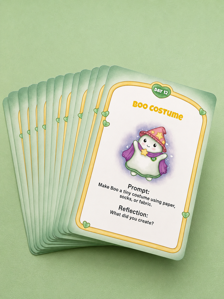 A fan of printable or physical activity cards themed around a 'Boo Costume' lesson, displayed on a solid light green background. The front card features a cute cartoon ghost character in a purple hat and cape, with prompts for writing.