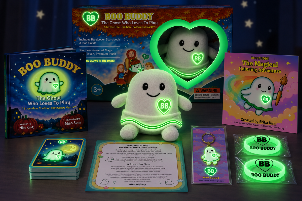 Boo Buddy toy set displayed on a dark tabletop with its packaging, book, cards, keychain, and glow-in-the-dark accessories. The main product is a small white ghost figure with a glowing green outline and a BB logo on the chest, alongside matching themed items and printed materials.