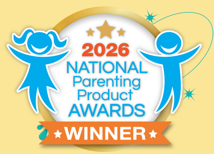 Award badge for 2026 National Parenting Product Awards Winner, featuring blue cartoon figures, gold stars, and an orange ribbon on a pale yellow background.