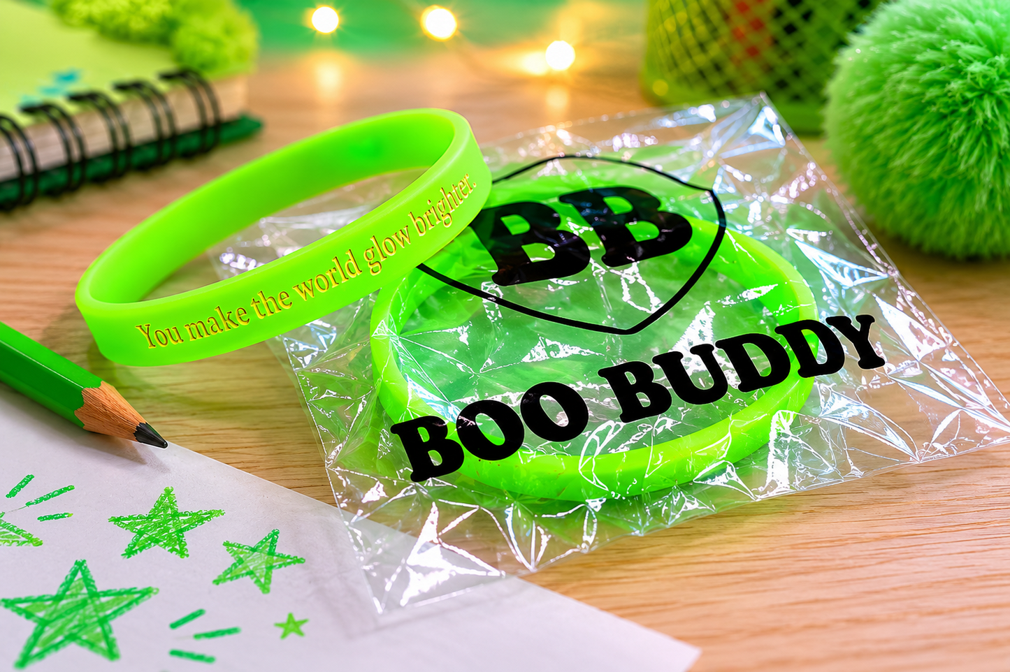 A neon green silicone wristband with 'You make the world glow brighter' printed in yellow, shown next to its clear plastic packaging featuring a 'BB BOO BUDDY' logo. The scene is styled on a wooden table with green-themed props including a pencil, star drawing paper, and pom-poms.