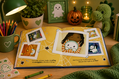 An open children's picture book with Halloween-themed illustrations and text lies on a wooden desk surrounded by seasonal decor, including a green plush dinosaur, a small pumpkin, candles, crayons, and a lamp.