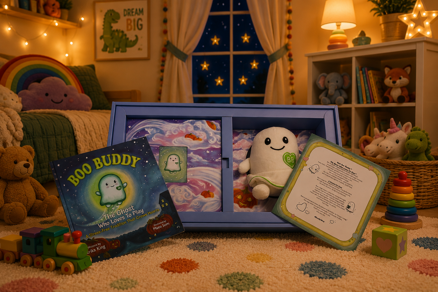 A children's gift set displayed on a carpeted floor in a cozy, warmly lit nursery or playroom. The set includes a blue shadow box containing a plush ghost toy and a printed card, alongside a hardcover book titled 'Boo Buddy' and another printed insert.