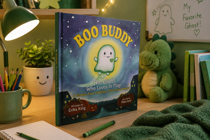 A children's book titled "BOO BUDDY: The Ghost Who Loves to Play" standing upright on a desk, surrounded by a green lamp, pencil cup, small plant, plush dinosaur toy, and other books in a cozy room setting.