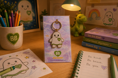 A cute ghost-shaped keychain by Boo Buddy Magic is displayed in its original packaging on a wooden desk. The scene is styled with cozy desk accessories, including a pencil cup, coloring pages, a notebook with handwritten text, and books, all under a warm lamp glow.