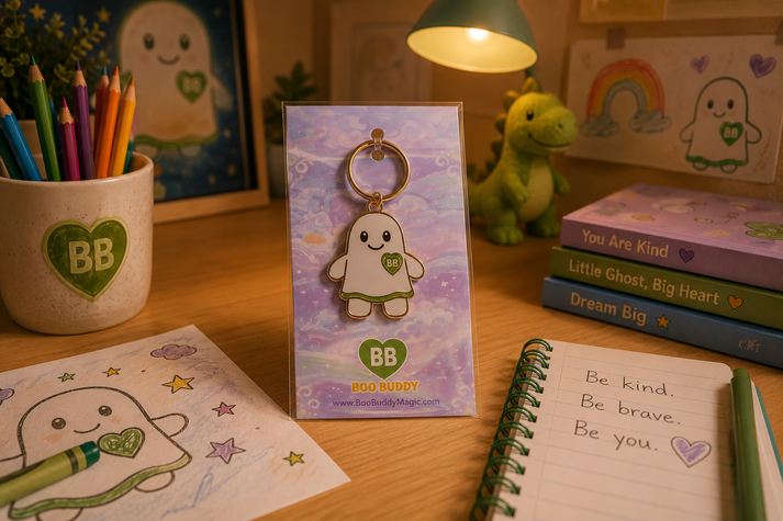 A cute ghost-shaped keychain by Boo Buddy Magic is displayed in its original packaging on a wooden desk. The scene is styled with cozy desk accessories, including a pencil cup, coloring pages, a notebook with handwritten text, and books, all under a warm lamp glow.
