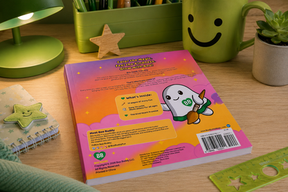 A colorful children's bookt lies on a wooden desk, showing the back cover with a cartoon ghost, product details, and a barcode. The scene is styled with a green desk lamp, pencil holder, smiley-face mug, notebook, and small plant.