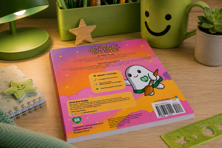 A colorful children's bookt lies on a wooden desk, showing the back cover with a cartoon ghost, product details, and a barcode. The scene is styled with a green desk lamp, pencil holder, smiley-face mug, notebook, and small plant.