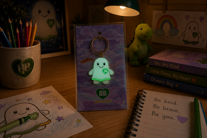 A cute glowing ghost keychain displayed in its purple packaging on a wooden desk surrounded by cozy school and desk accessories.