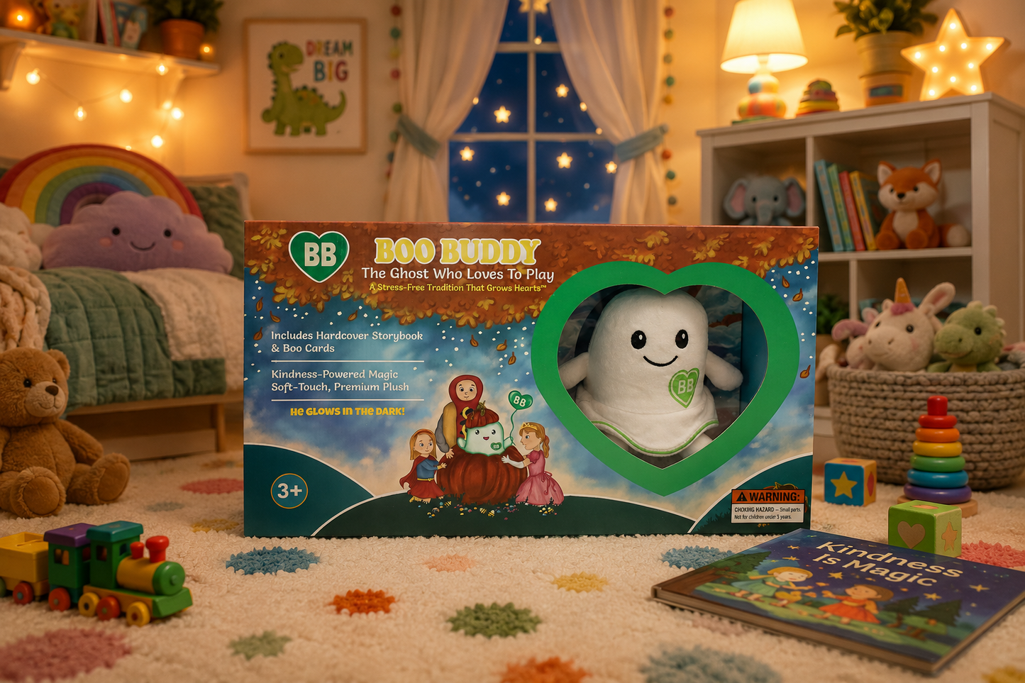 BB Boo Buddy toy packaging box displayed on a carpeted floor in a cozy, warmly lit children's bedroom. The box shows a white plush ghost figure visible through a heart-shaped window, with colorful cartoon illustrations and the text BB Boo Buddy The Ghost Who Loves to play.