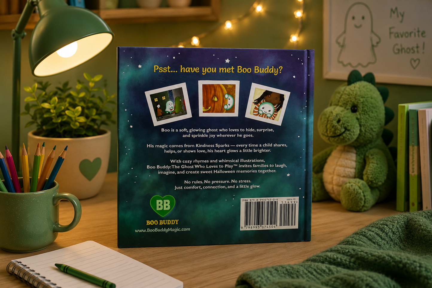 The back cover of the children's book 'Boo Buddy' is displayed on a wooden desk in a cozy, styled room setting. The book cover features a dark teal and black starry night sky background with three small character photos and a green circular 'BB' logo at the bottom.
