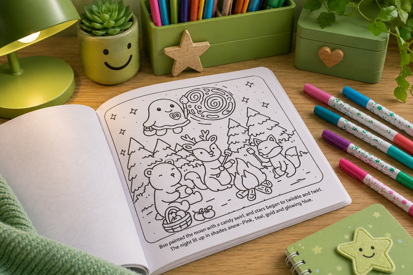 An open children's coloring book with black-and-white bear-themed illustrations lies on a wooden desk, surrounded by pastel markers, a green lamp, small potted plants, and a green star notebook.