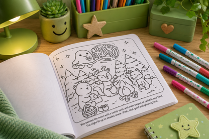 An open children's coloring book with black-and-white bear-themed illustrations lies on a wooden desk, surrounded by pastel markers, a green lamp, small potted plants, and a green star notebook.