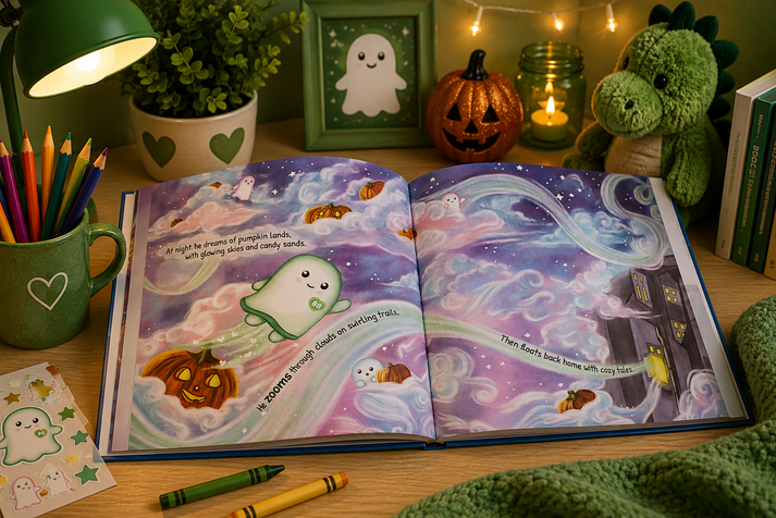 An open children's book with colorful Halloween-themed illustrations sits on a wooden desk surrounded by cozy fall decor, including a green lamp, pencils, a small pumpkin, candles, a plush dinosaur, and a knitted green blanket.